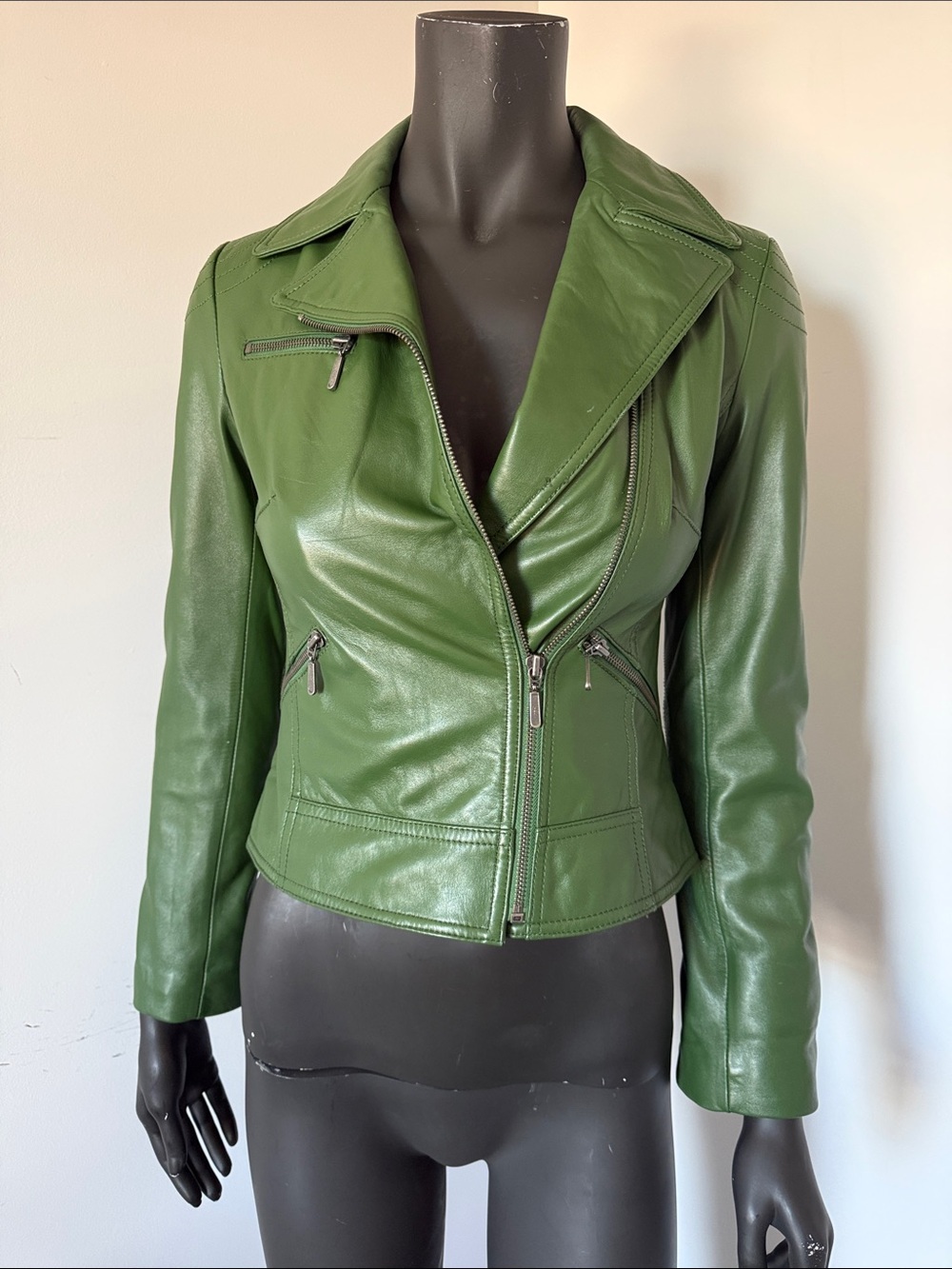 169. Sandra Angelozzi Green Leather Motorcycle Jacket